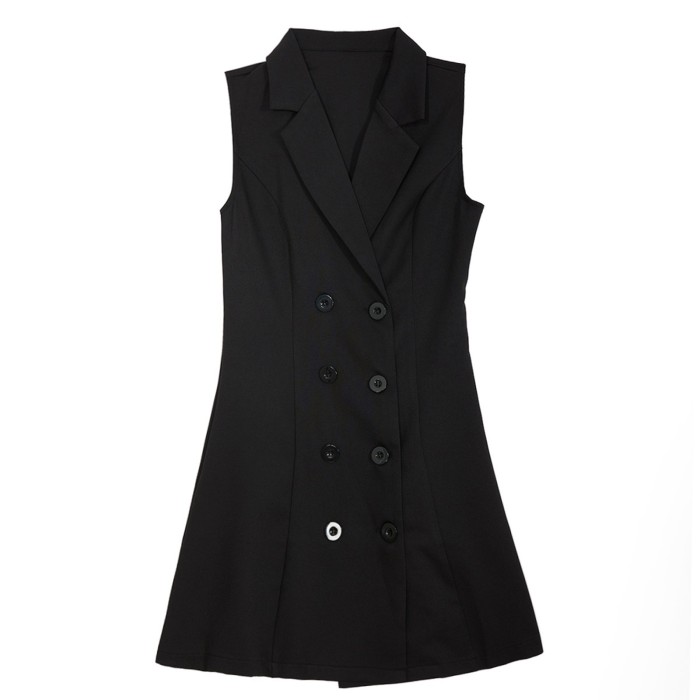 Blazer Dress Women Sleeveless Elegant Solid Office Lady Button Belt Mini Dresses