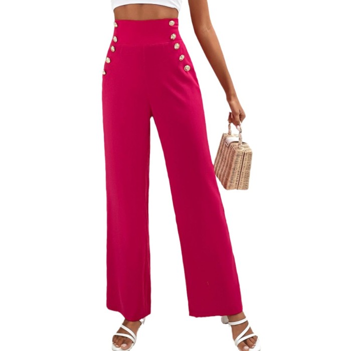 Women's Fashion Decorated Button Solid Color Casual Straight Wide Leg Pants