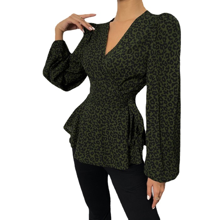 Women's Fashionable Leopard Print Deep V Top Retro Shirt