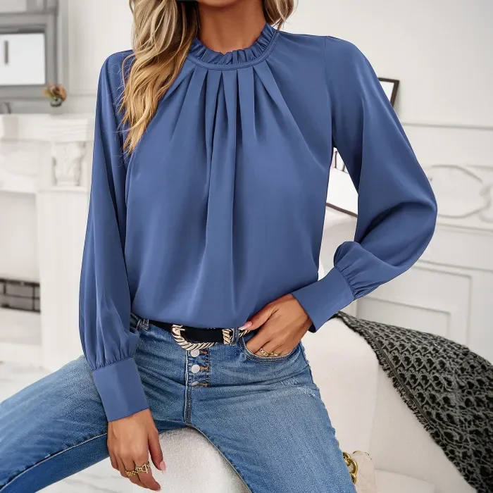 Women's Fashion Casual Elegant Lace Collar Long Sleeve Solid Color Top