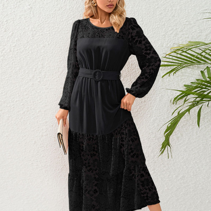 Sexy Lace French Fashion Perspective  Belt Round Neck Temperament Maxi Dress