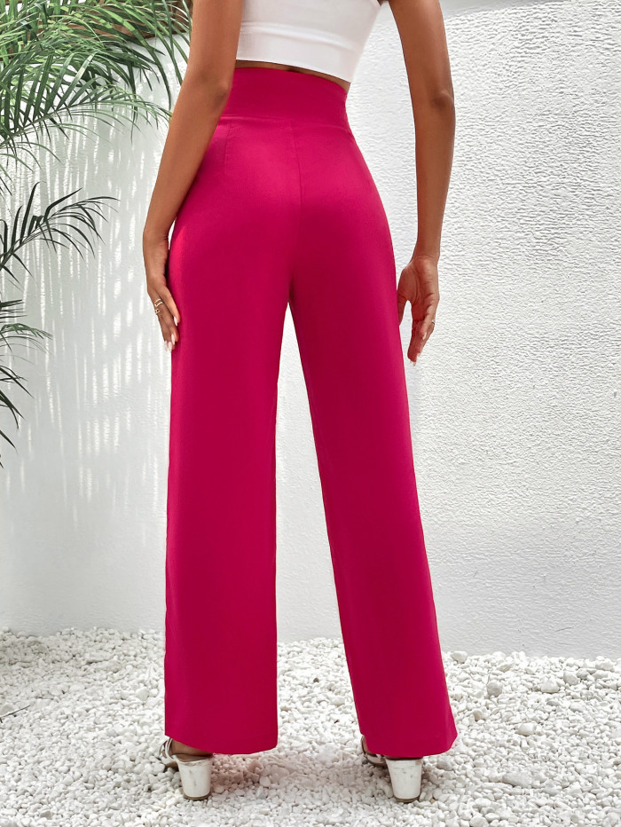 Women's Fashion Decorated Button Solid Color Casual Straight Wide Leg Pants