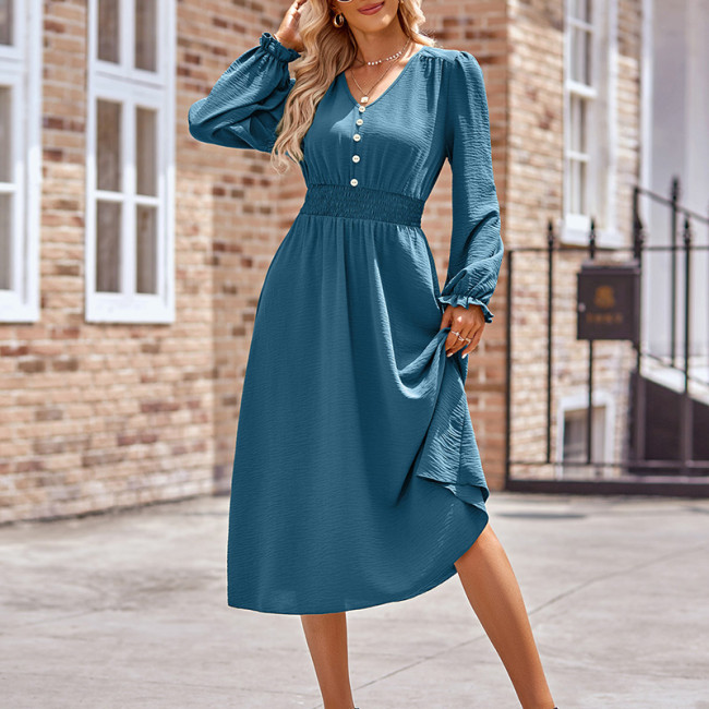 Elegant Fashion Vintage V Neck Long Lantern Sleeve Button Solid Color Loose Casual Midi Dress