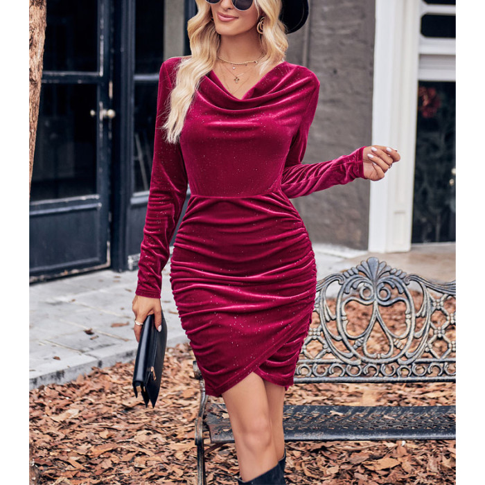Elegant Fashion Solid Color Sexy Wrap Hip Temperament Bodycon Mini Dress