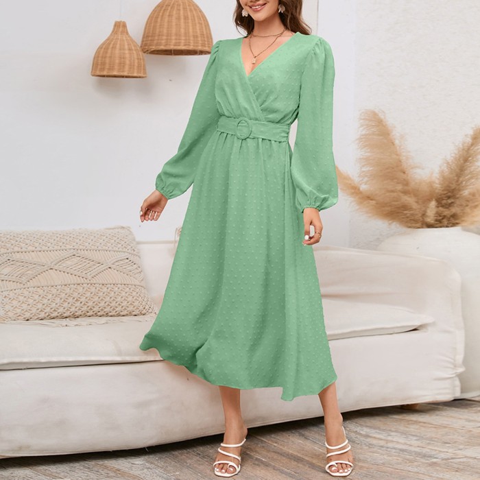 Women'S Fashion V-Neck Solid Color Long Sleeve  Elegant A-Line Dress