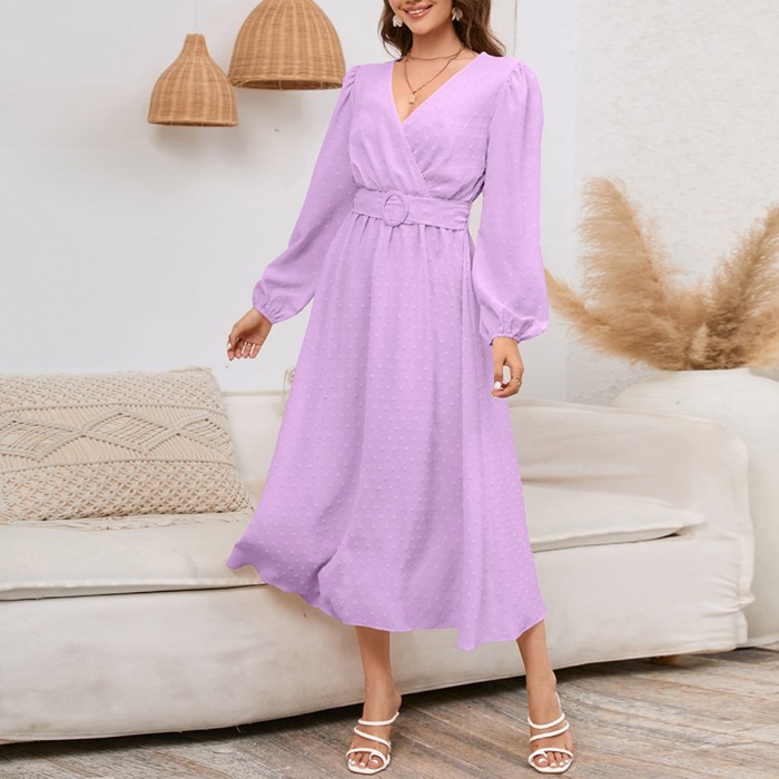Women'S Fashion V-Neck Solid Color Long Sleeve  Elegant A-Line Dress