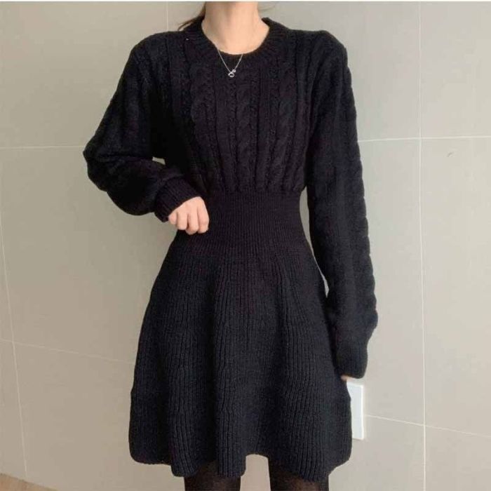 French Vintage Women Screw Thread Elastic Waist O-Neck Knitting Dress