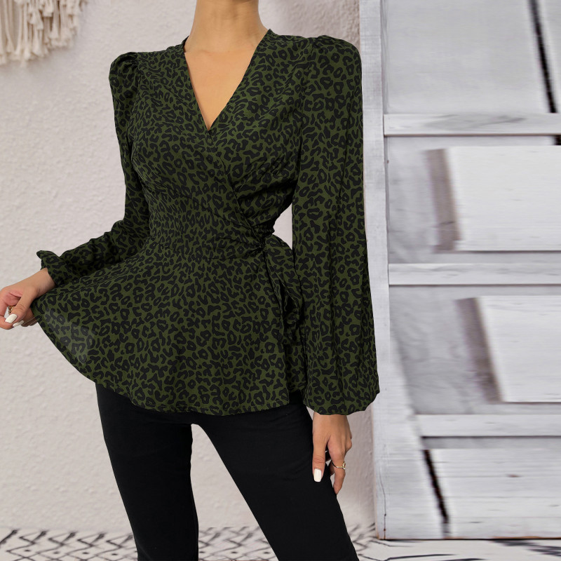 Women's Fashionable Leopard Print Deep V Top Retro Shirt