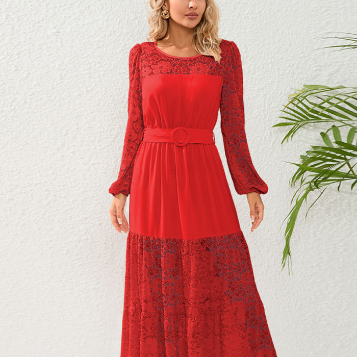 Sexy Lace French Fashion Perspective  Belt Round Neck Temperament Maxi Dress