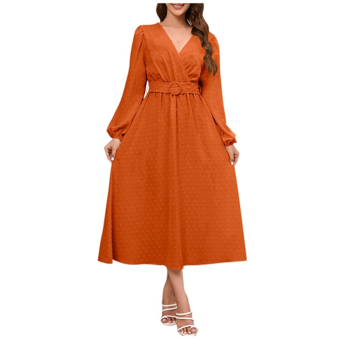 Women'S Fashion V-Neck Solid Color Long Sleeve  Elegant A-Line Dress