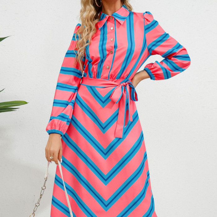 Fashion Button Open Front Stripe Fashion  A-line Casual Women's Shirt Maxi Dress