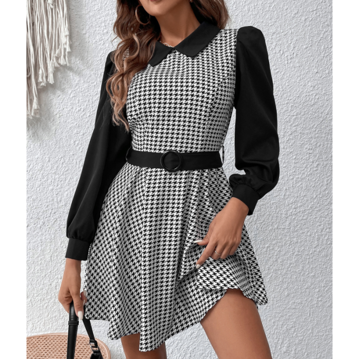 Women's Fashion Elegant Lantern Sleeve Collar Houndstooth Pleated  A-line Casual Dress