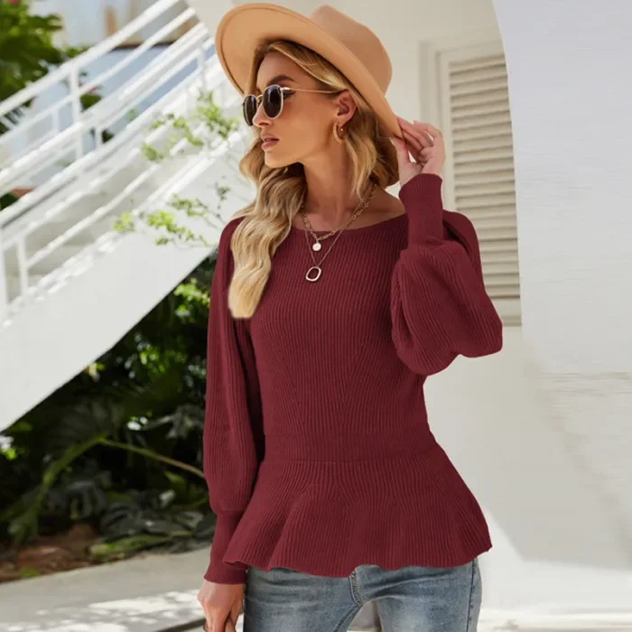 Women's Elegant Waist Lantern Sleeve Solid Color Knitted Sweater Top