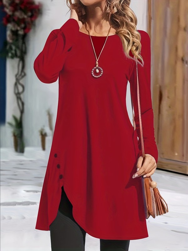 Asymmetrical Hem Solid Dress, Casual Crew Neck Long Sleeve Dress With Buttons, Women's Clothing