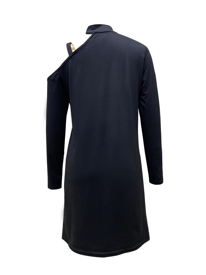 Button Decor Sleeve Dress, Casual V Neck Dress For Spring & Fall, Women's Clothing