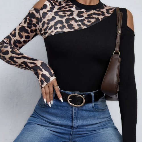 Leopard Print Cold Shoulder Crew Neck T-Shirt, Casual Long Sleeve Top For Spring & Fall, Women's Clothing