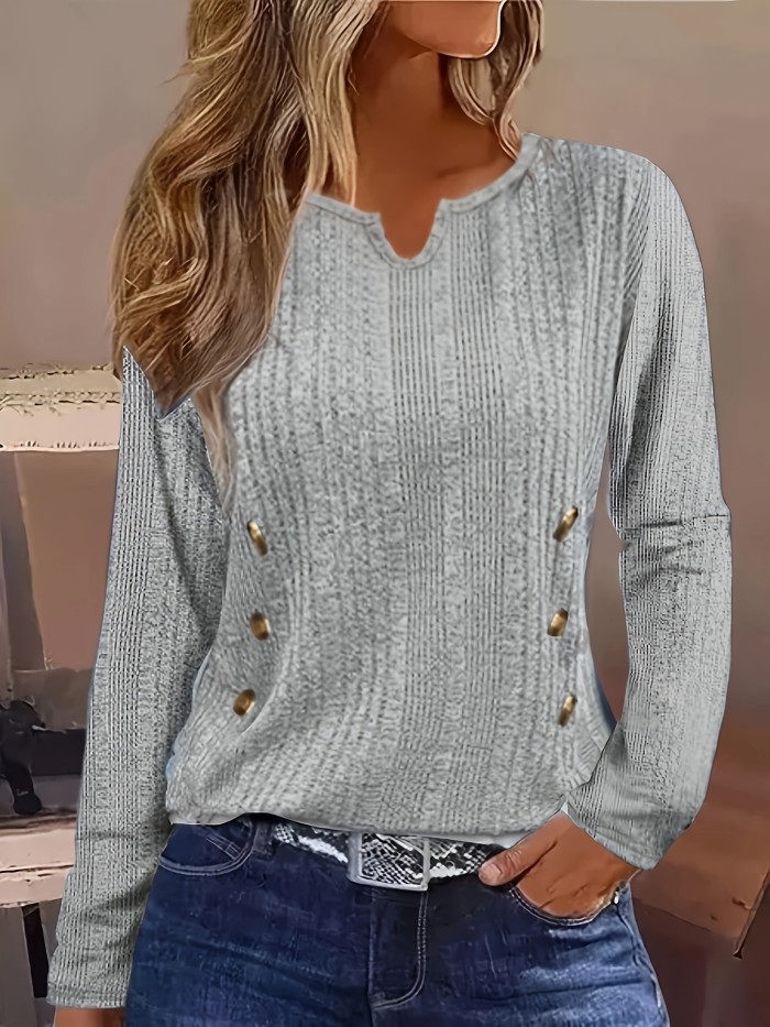 Plus Size Casual T-shirt, Women's Plus Solid Ribbed Button Decor Long Sleeve Notched Neck Slight Stretch T-shirt