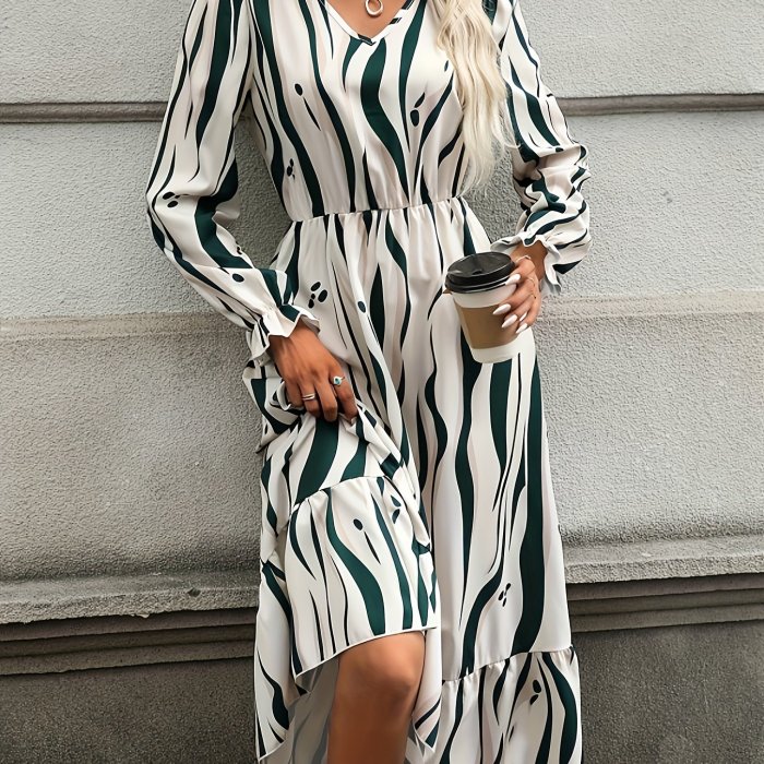 Abstract Stripe Print Lantern Sleeve Dress, Casual V Neck A-line Dress For Spring & Fall, Women's Clothing