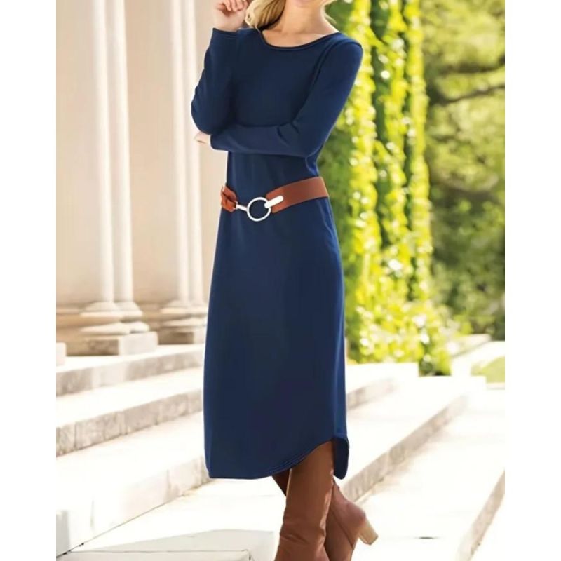 Solid Color Long Sleeve Dress, Casual Crew Neck Curved Hem Dress For Spring & Fall, Women's Clothing