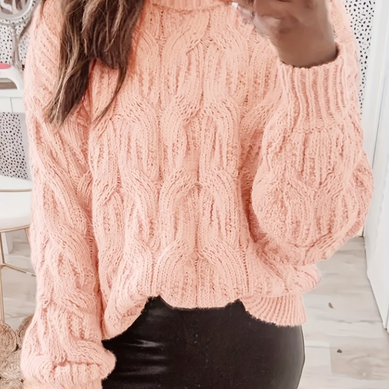 Solid Mock Neck Cable Knit Sweater, Casual Long Sleeve Drop Shoulder Loose Sweater, Women's Clothing