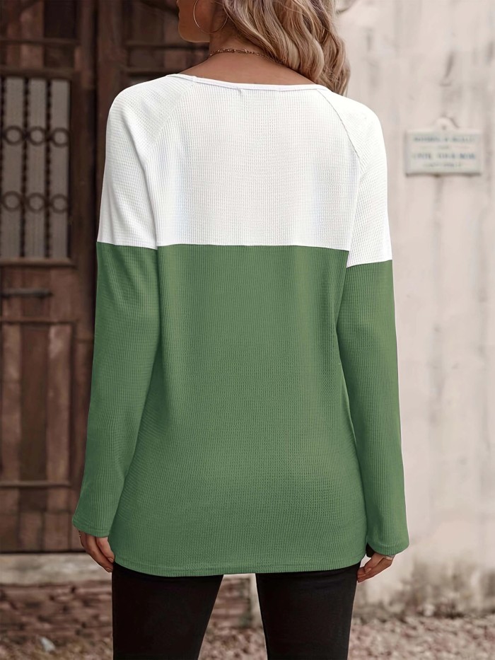 Plus Size Casual Top, Women's Plus Colorblock Button Decor Waffle Pattern Long Sleeve Round Neck Top