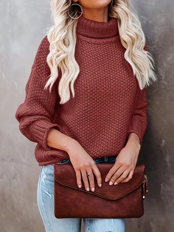 Solid Turtleneck Pullover Sweater, Casual Long Sleeve Drop Shoulder Sweater, Women's Clothing