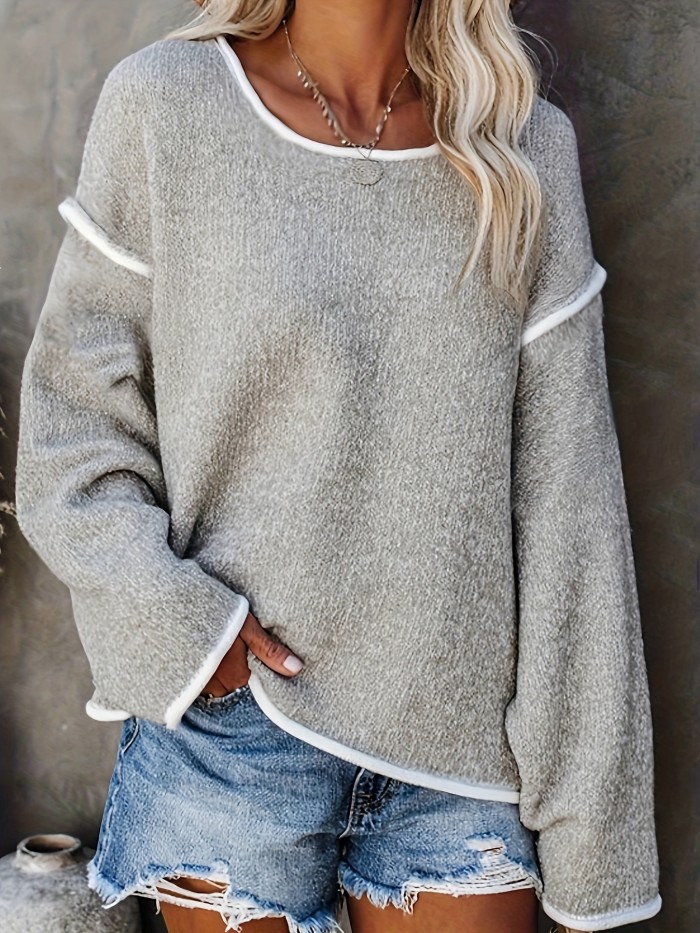 Plus Size Casual Sweater, Women's Plus Solid Long Sleeve Round Neck Slight Stretch Loose Sweater