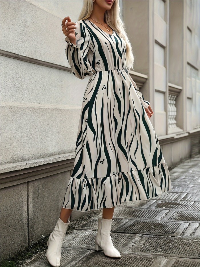 Abstract Stripe Print Lantern Sleeve Dress, Casual V Neck A-line Dress For Spring & Fall, Women's Clothing