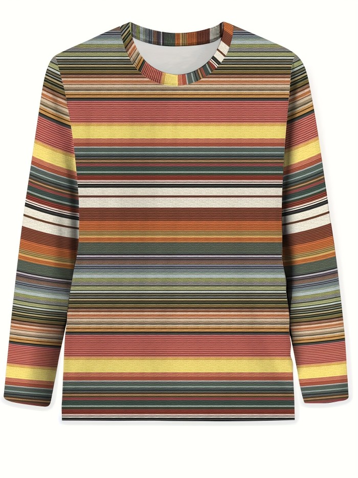 Colorblock Stripe Print Crew Neck T-Shirt, Casual Long Sleeve Top For Spring & Fall, Women's Clothing