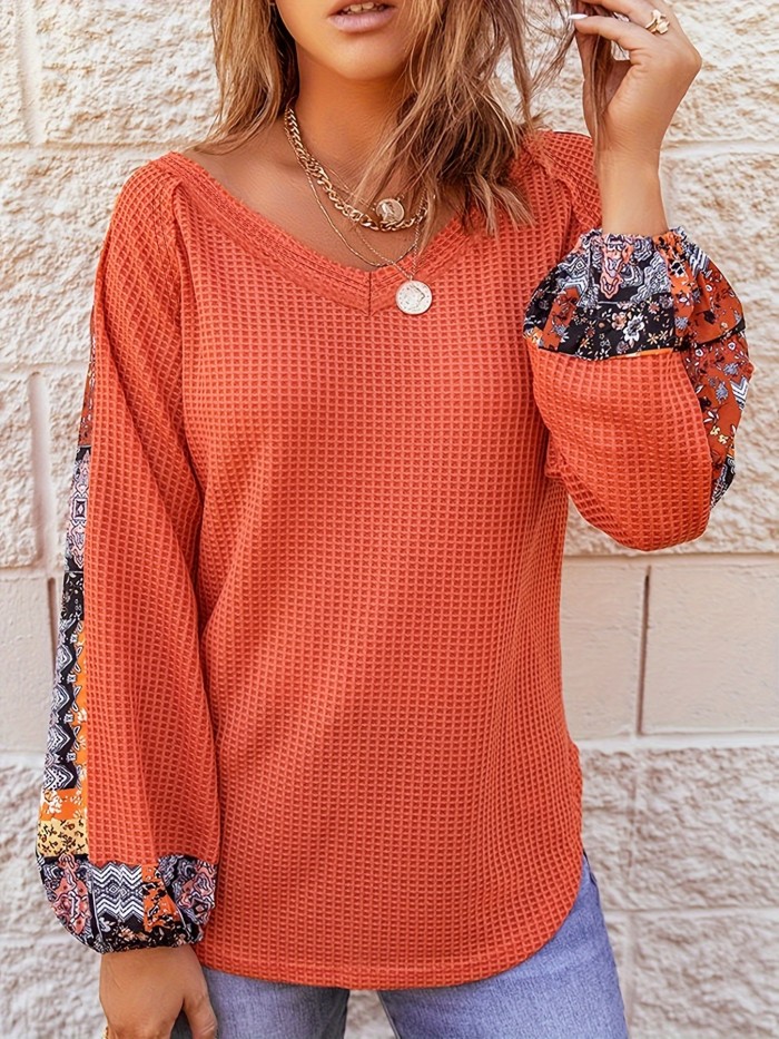 Plus Size Elegant Top, Women's Plus Colorblock Floral Print Waffle Pattern Long Sleeve V Neck Medium Stretch Top