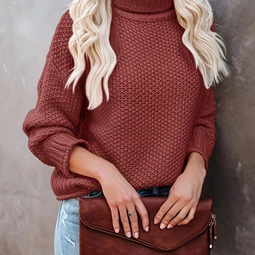 Solid Turtleneck Pullover Sweater, Casual Long Sleeve Drop Shoulder Sweater, Women's Clothing