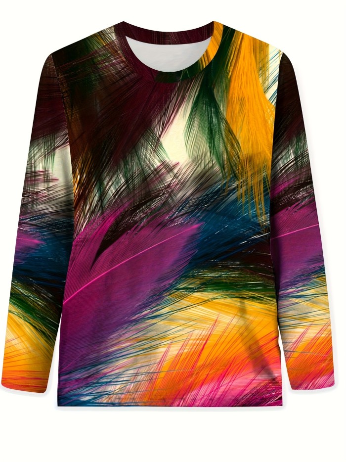 Graphic Print Crew Neck T-shirt, Elegant Long Sleeve Top For Spring & Fall, Women's Clothing