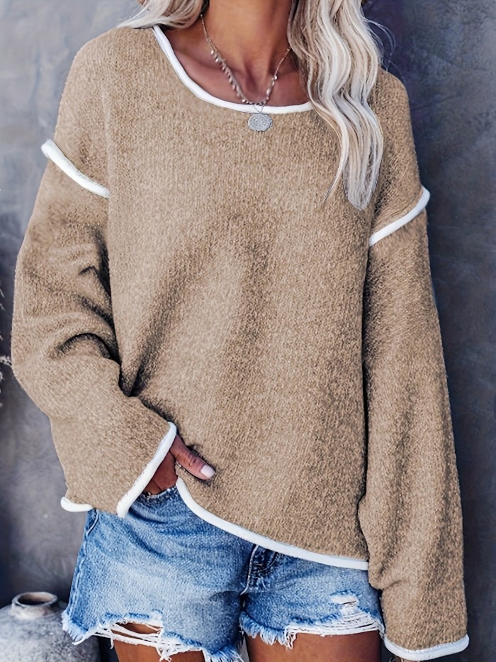 Plus Size Casual Sweater, Women's Plus Solid Long Sleeve Round Neck Slight Stretch Loose Sweater