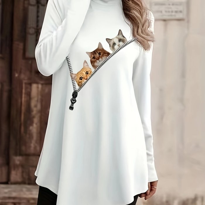 Cat & Zip Print Turtleneck T-Shirt, Casual Long Sleeve Top For Spring & Fall, Women's Clothing