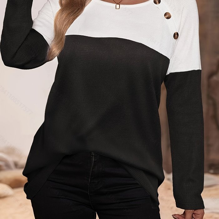 Plus Size Casual Top, Women's Plus Colorblock Button Decor Waffle Pattern Long Sleeve Round Neck Top