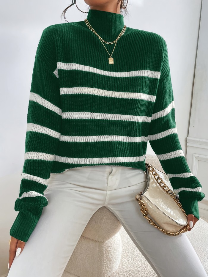 Striped Knitted Pullover Sweater, Casual Long Sleeve Mock Neck Sweater