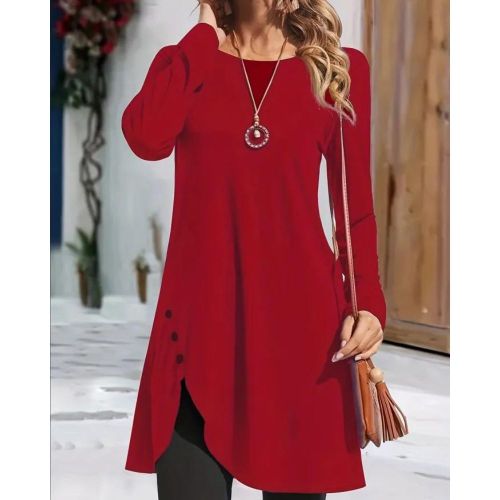 Asymmetrical Hem Solid Dress, Casual Crew Neck Long Sleeve Dress With Buttons, Women's Clothing