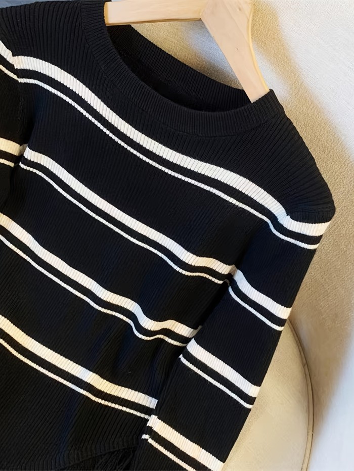 Striped Knitted Pullover Sweater, Casual Long Sleeve Tassel Sweater For Fall & Winter, Women's Clothing