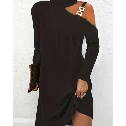 Button Decor Sleeve Dress, Casual V Neck Dress For Spring & Fall, Women's Clothing