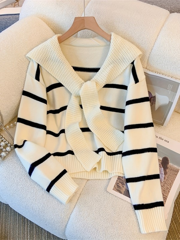 Striped Knitted Pullover Sweater, Casual Long Sleeve Sweater For Fall & Winter, Women's Clothing
