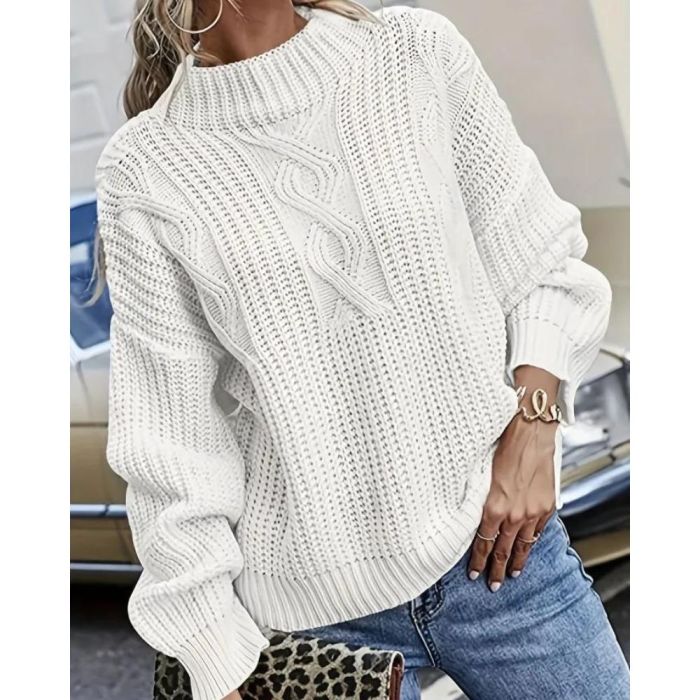 Solid Crew Neck Cable Knit Sweater, Casual Long Sleeve Drop Shoulder Thick Sweater, Women's Clothing