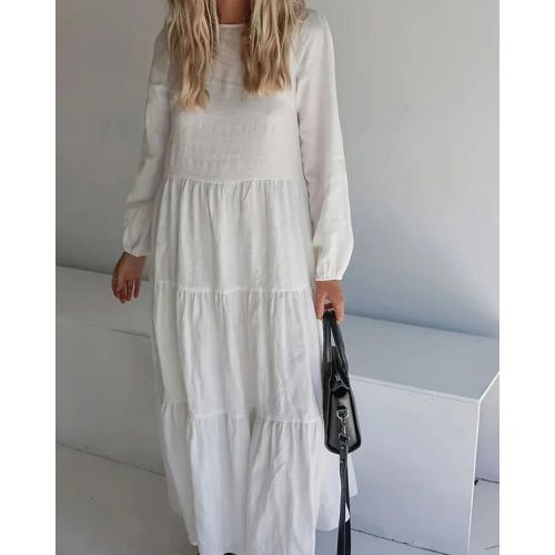 Solid Tiered Maxi Dress, Casual Crew Neck Long Sleeve Dress, Women's Clothing