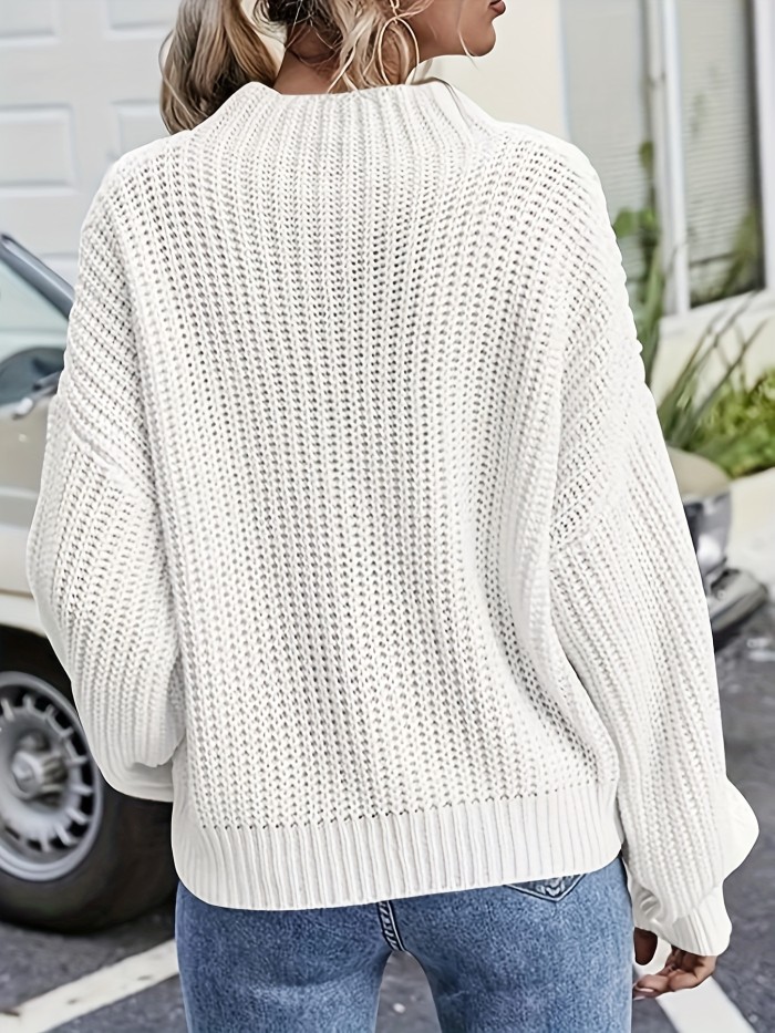 Solid Crew Neck Cable Knit Sweater, Casual Long Sleeve Drop Shoulder Thick Sweater, Women's Clothing