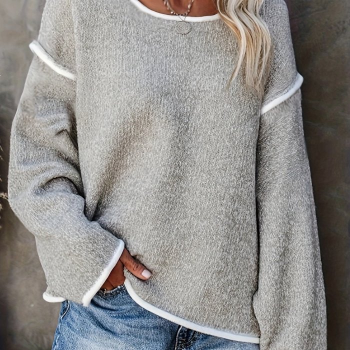 Plus Size Casual Sweater, Women's Plus Solid Long Sleeve Round Neck Slight Stretch Loose Sweater