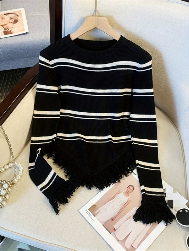 Striped Knitted Pullover Sweater, Casual Long Sleeve Tassel Sweater For Fall & Winter, Women's Clothing