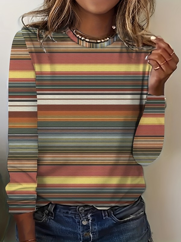 Colorblock Stripe Print Crew Neck T-Shirt, Casual Long Sleeve Top For Spring & Fall, Women's Clothing