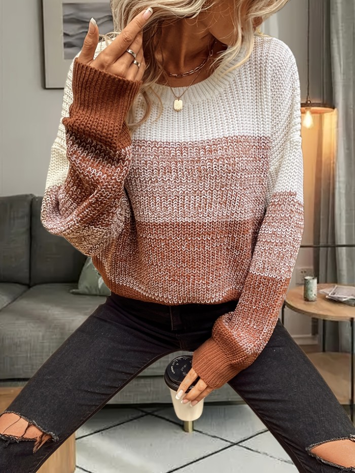 Color Block Knitted Pullover Sweater, Casual Long Sleeve Sweater For Fall & Winter, Women's Clothing