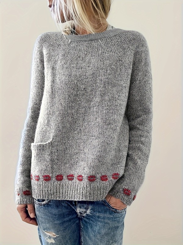 Crew Neck Knitted Pullover Sweater, Casual Long Sleeve Sweater With Pockets For Fall & Winter, Women's Clothing