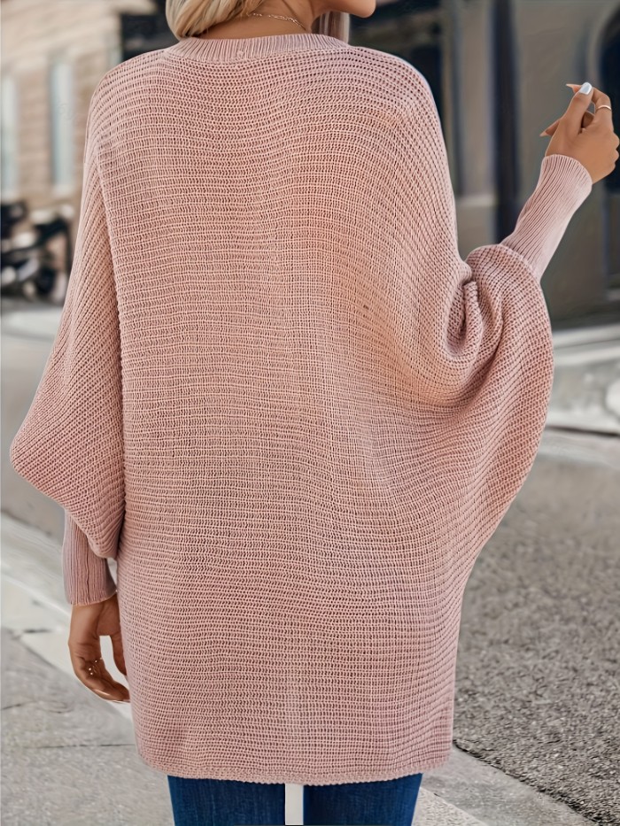 Solid Knitted Pullover Sweater, Casual Bat Sleeve Sweater For Fall & Winter, Women's Clothing