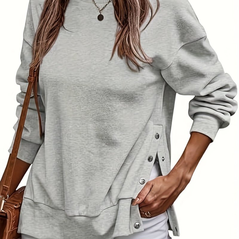 Button Side Pullover Sweatshirt, Casual Solid Long Sleeve Crew Neck Sweatshirt For Fall & Winter, Women's Clothing